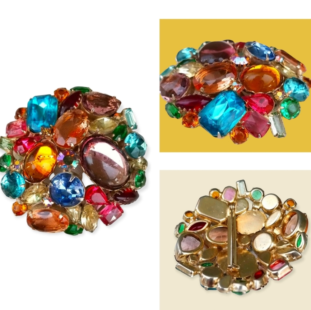 Vintage Mid Century Colorful Glass Cabachon Rhinestone Brooch